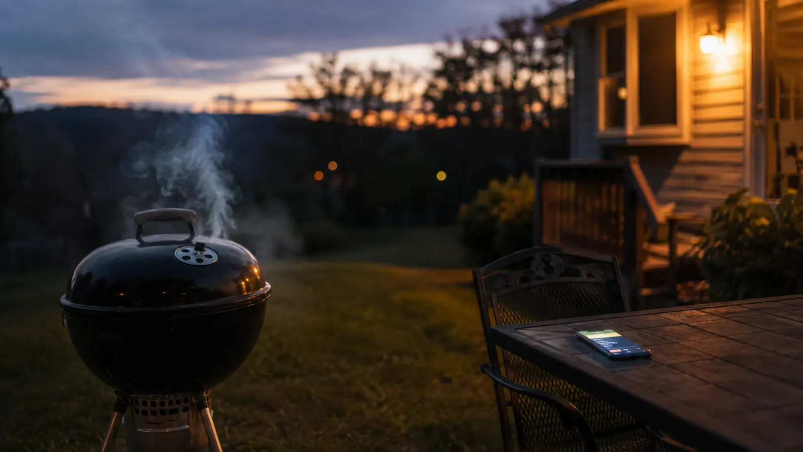 A kettle grill smoking quietly at dusk in a backyard with a phone glowing on a nearby table showing a temperature app