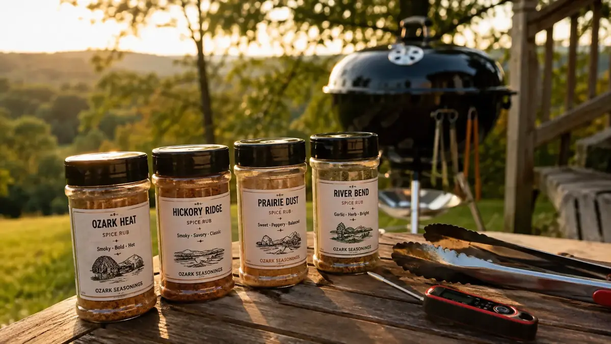 Four small BBQ rub jars fanned out on a wooden grill cart in an Ozark backyard at golden hour