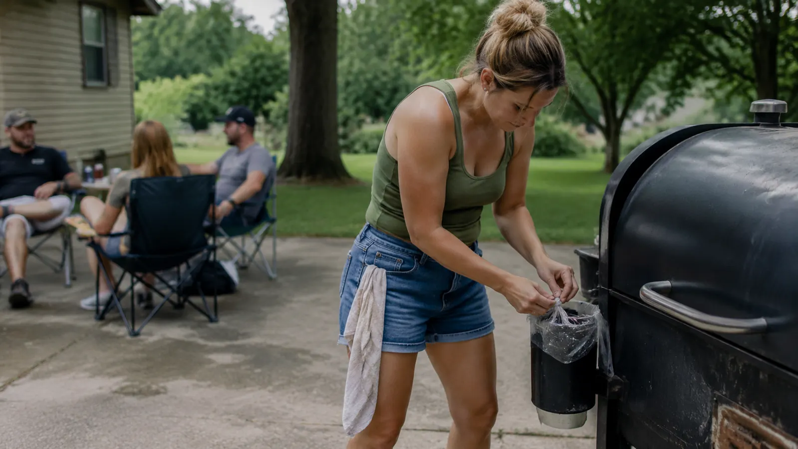 A young woman tying off a grease liner bag from a pellet grill in a driveway while friends sit nearby