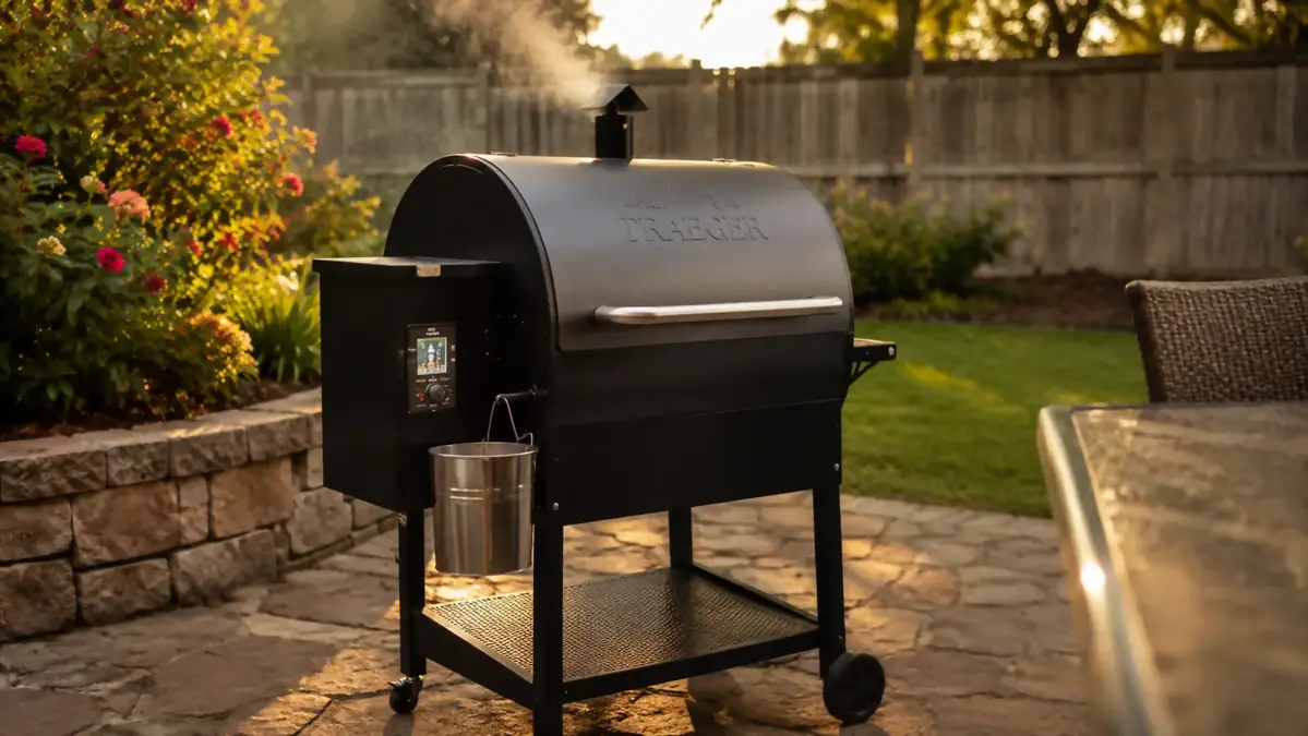 A mid-size pellet grill on a stone patio at dusk with a small grease bucket hanging off its side bracket