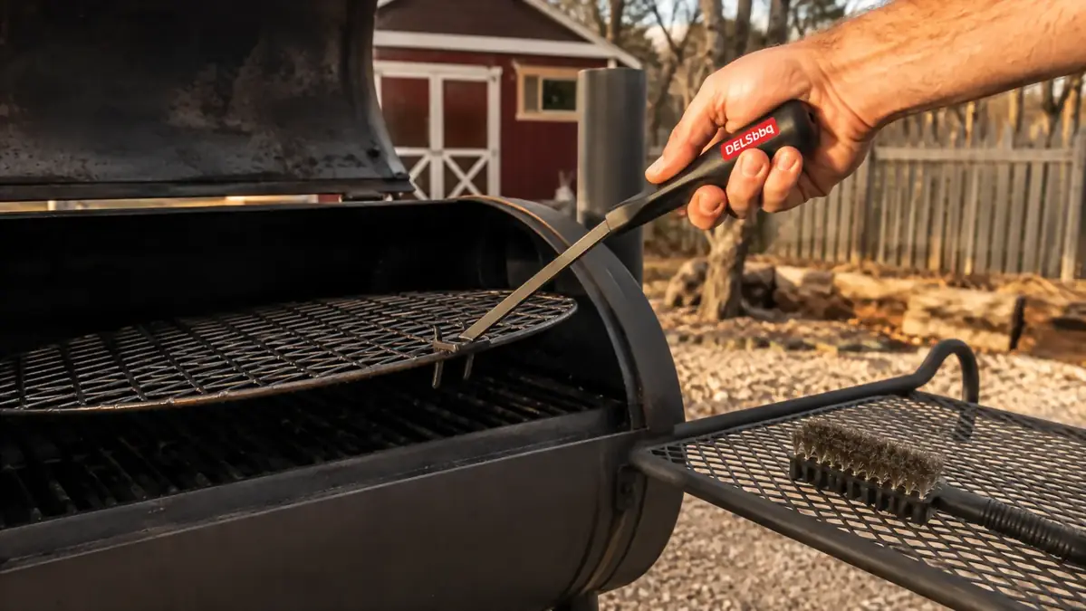 A hand using the cast iron grate lifter to lift a cooking grate off an offset smoker for cleaning