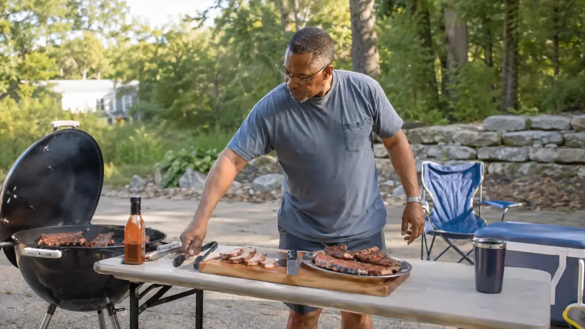 A folding grill table set up in a driveway beside a charcoal kettle grill, cutting board and platter on top, morning light