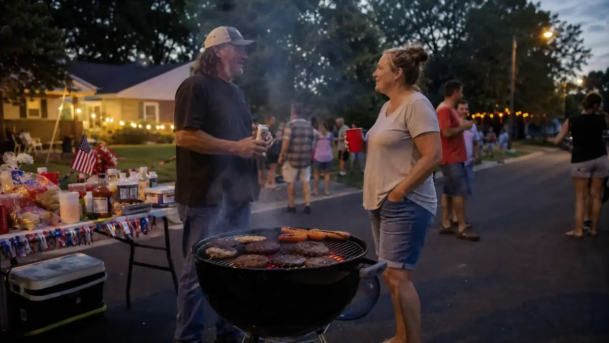 A street cookout at dusk with a 22-inch charcoal kettle grill set up at the curb during a Fourth of July block party