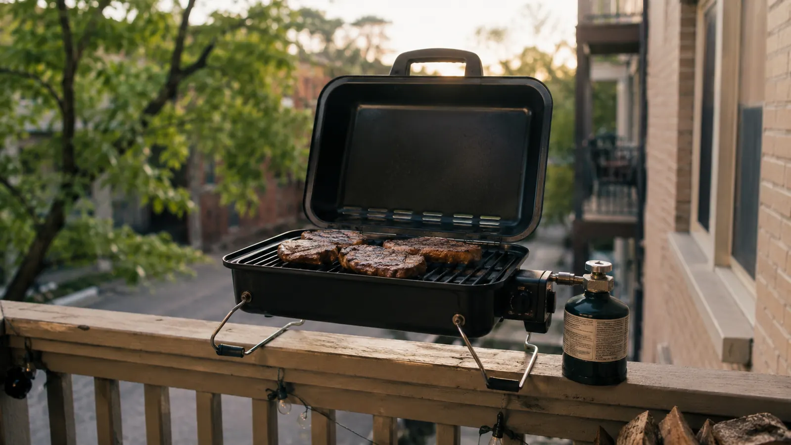 A tabletop propane grill with thin porcelain-coated grates on a small apartment balcony