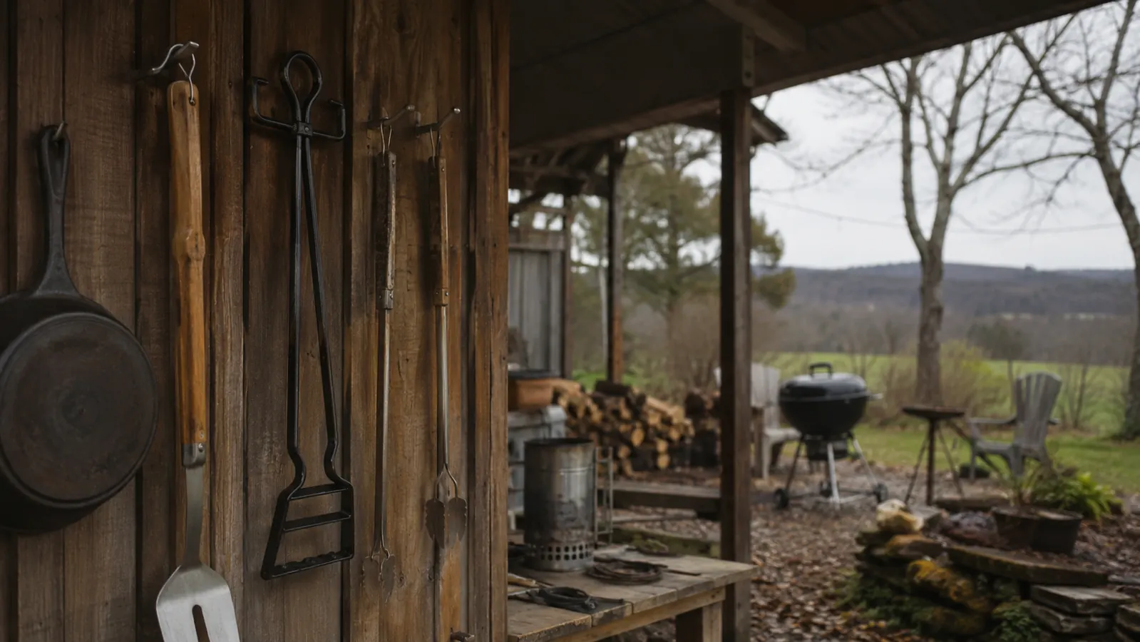 A cast iron grate lifter hanging on a nail next to a stack of grill tools in an Ozark backyard shed