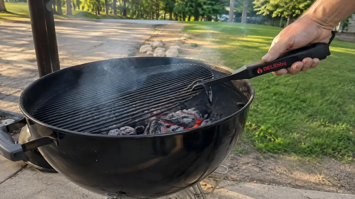 A hand gripping the DELSbbq cast iron grate lifter to lift a hot cooking grate off a charcoal kettle mid-cook