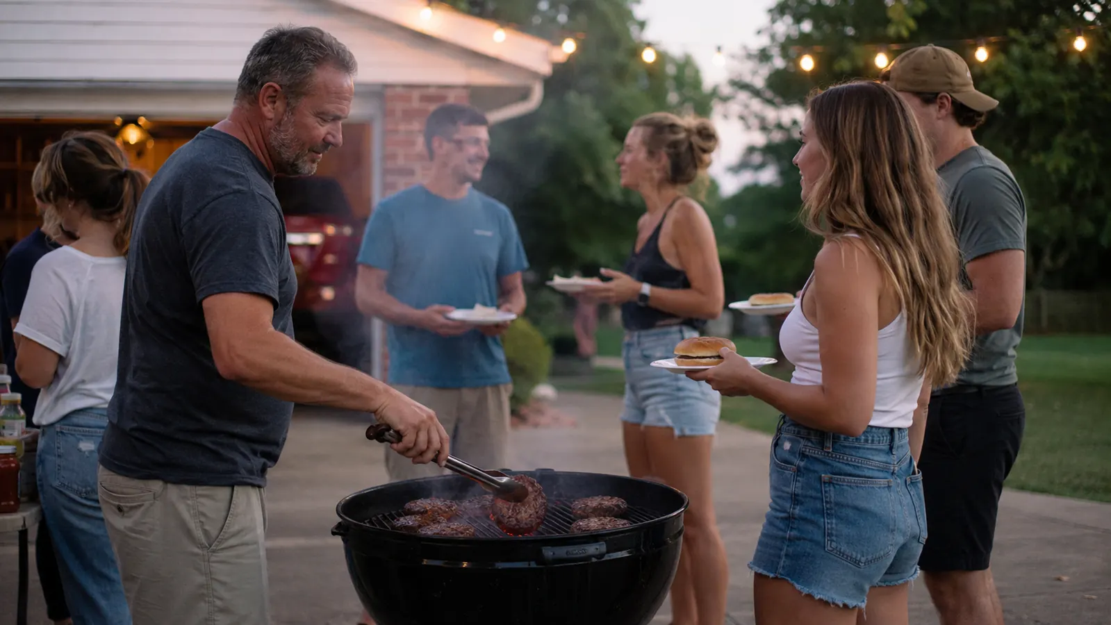 A man and his daughter's friends gathered around a charcoal kettle grill in a driveway during a summer cookout