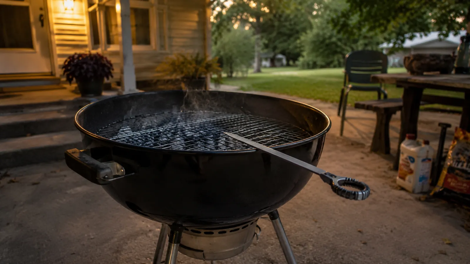 A cast iron grate lifter resting across the rim of a 22-inch charcoal kettle on a driveway at dusk, coals glowing underneath