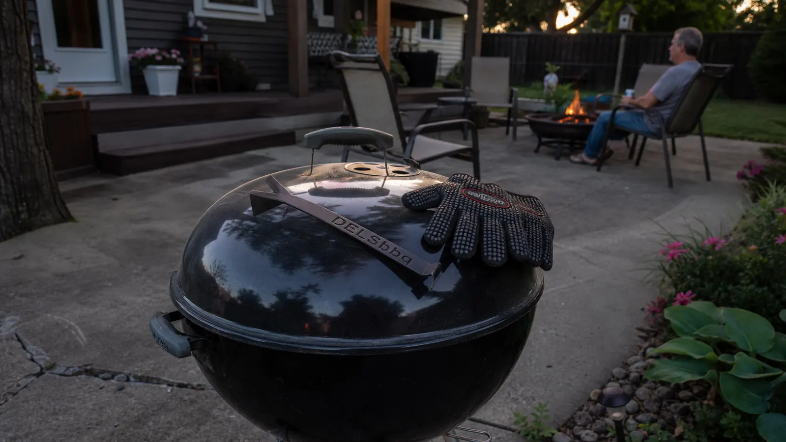 A cast iron grate lifter and a pair of grill gloves laid side by side on a closed kettle grill lid at dusk