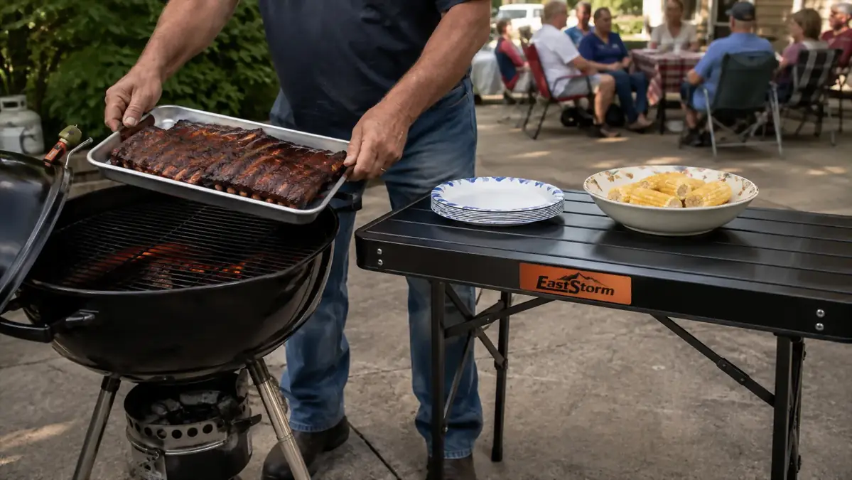 Hands setting a platter of ribs down on a folding grill table beside a kettle grill at a crowded cookout