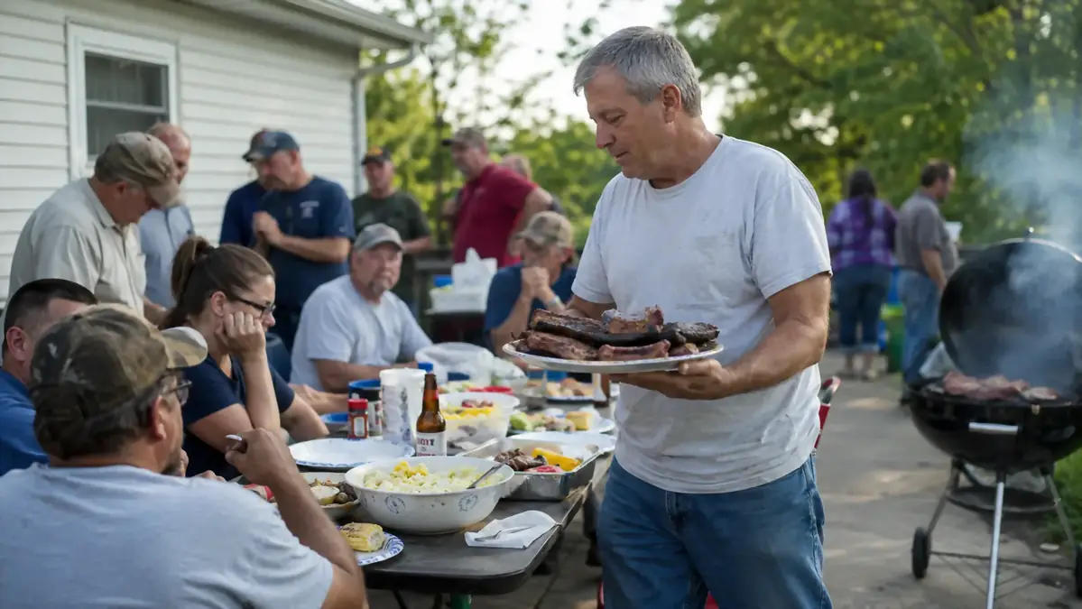 A crowded driveway cookout with a card table buckling under bowls of food next to a smoking kettle grill
