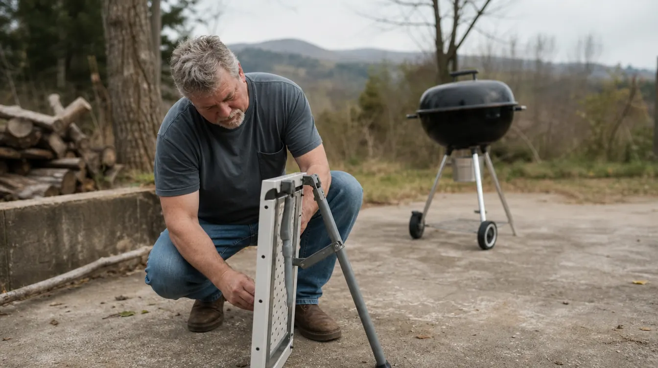 A man in his 50s inspecting a small folding table in a driveway before a cookout, morning light