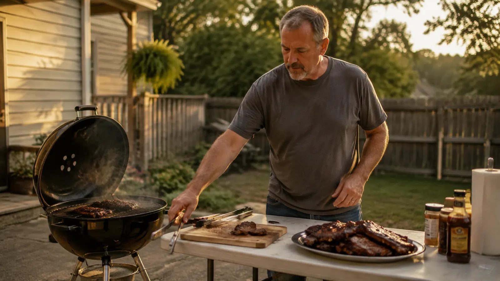 A folding grill table set up in a driveway next to a charcoal kettle grill, morning light, plates and tongs on top