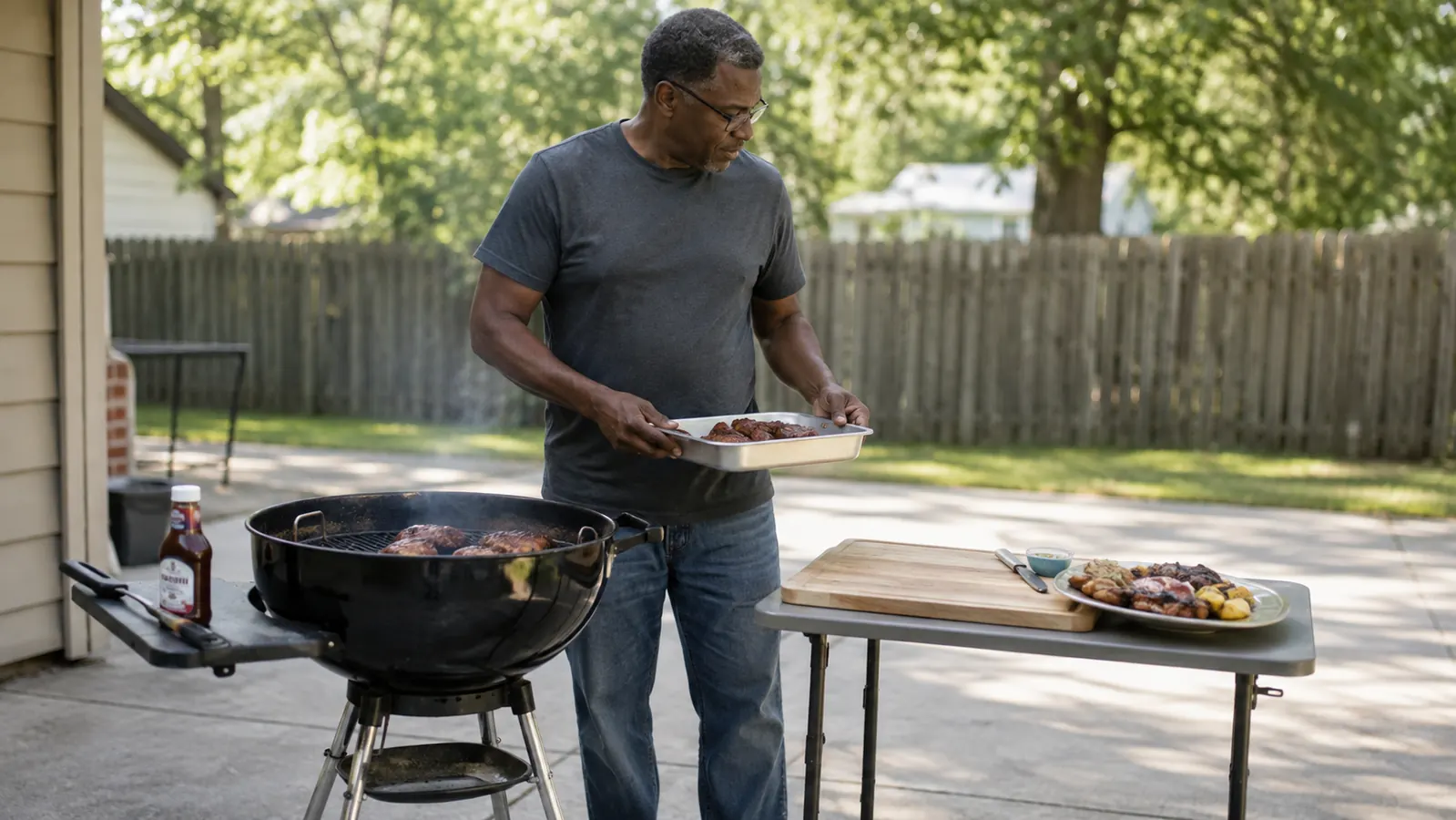 A folding grill table and a kettle grill's small built-in side shelf side by side in a driveway, both holding cooking tools