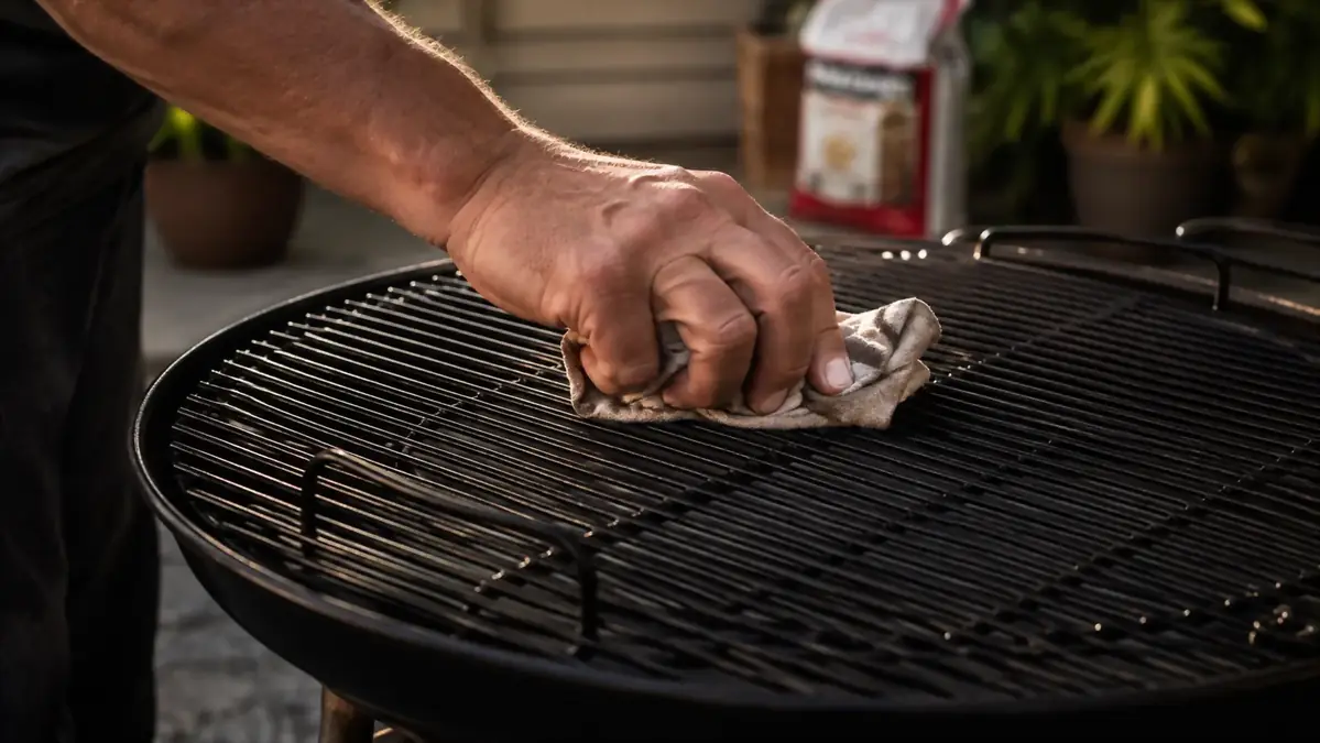 A hand wiping oil onto a clean, warm cooking grate with a folded rag before setting it back on the grill