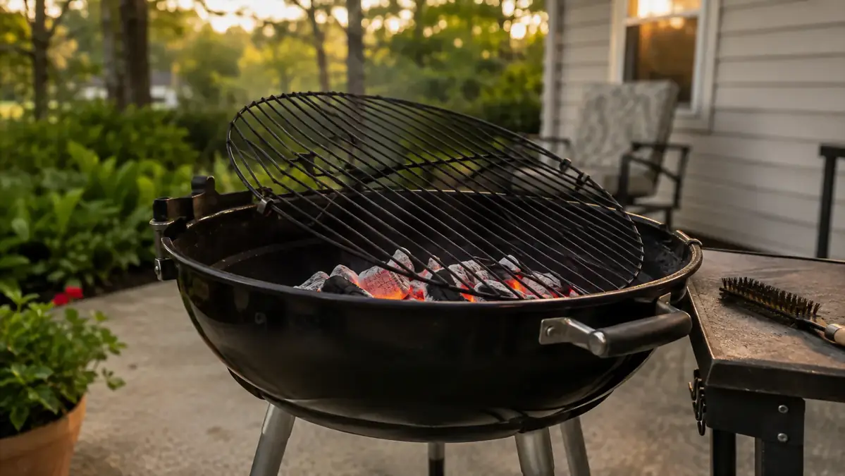 A cooking grate lifted at an angle off a charcoal kettle grill with coals still glowing underneath, driveway setting