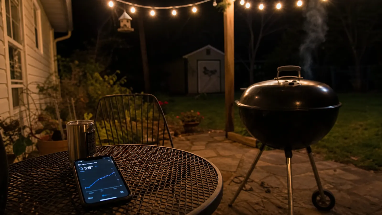A kettle grill smoking under string lights at night while a phone on a nearby table glows with a temperature graph