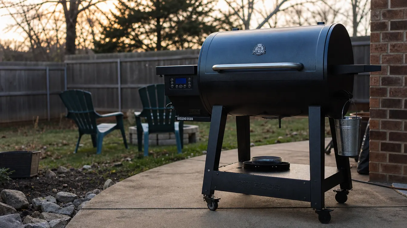A mid-size pellet grill on a stone patio in late afternoon light with a small grease bucket mounted on its side bracket