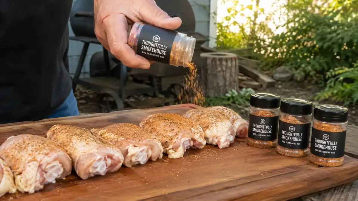 A hand sprinkling seasoning from a small rub jar onto raw chicken thighs on a cutting board