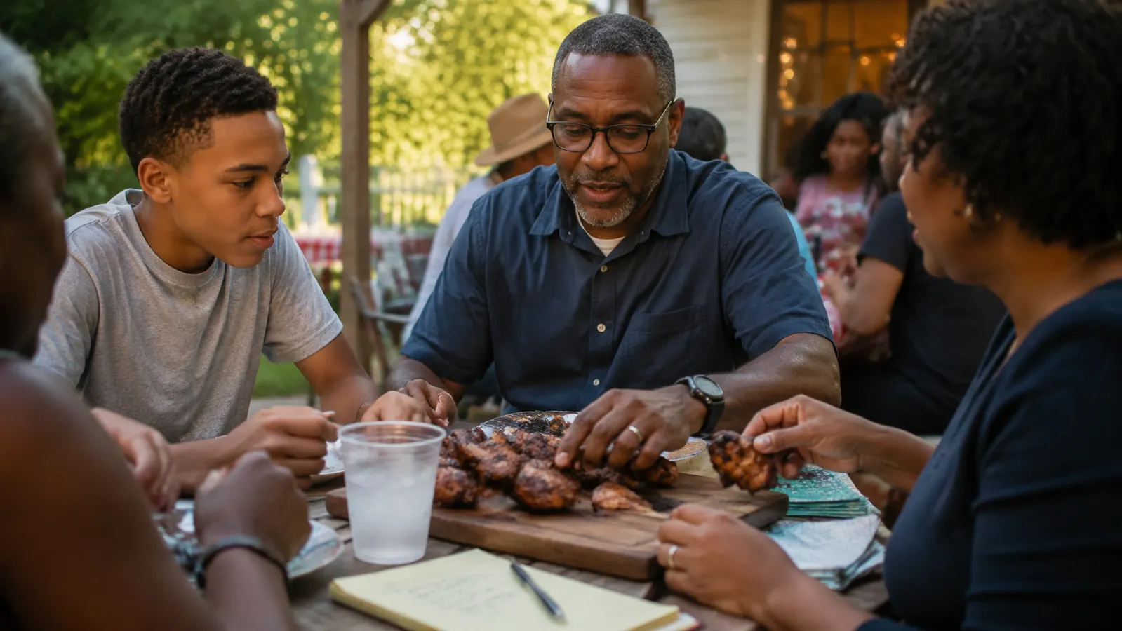A family gathered around a backyard picnic table sampling grilled chicken while a notepad with scribbled notes sits nearby