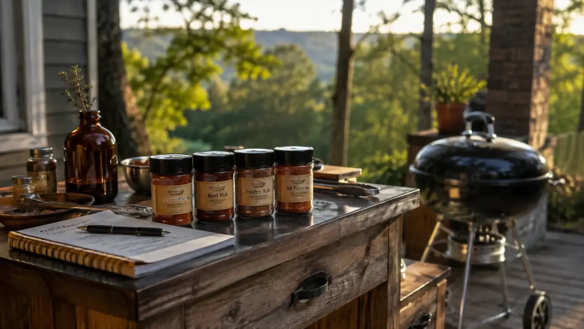 A grill cart in an Ozark backyard with four small BBQ rub jars, a notepad, and tongs laid out at golden hour