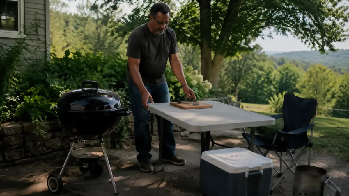 A full grill station laid out in a driveway with a folding table beside a charcoal kettle grill, tools and platters arranged before cooking