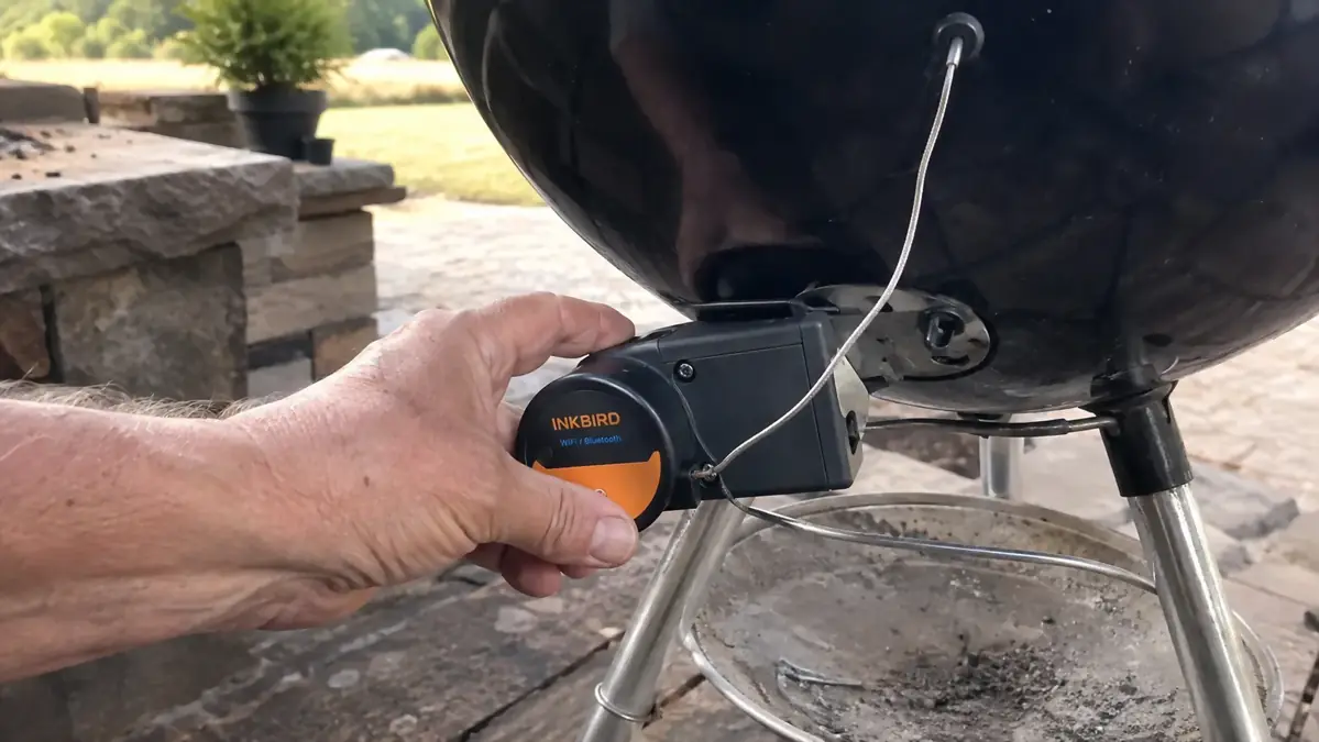 A hand clipping a small fan module onto the lower vent of a kettle grill early in the morning