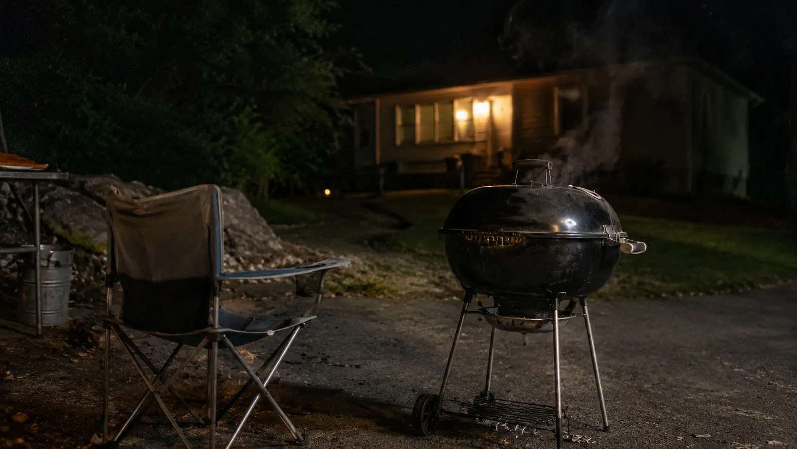 A lone lawn chair beside a kettle grill in a dark driveway with a porch light glowing faintly in the background