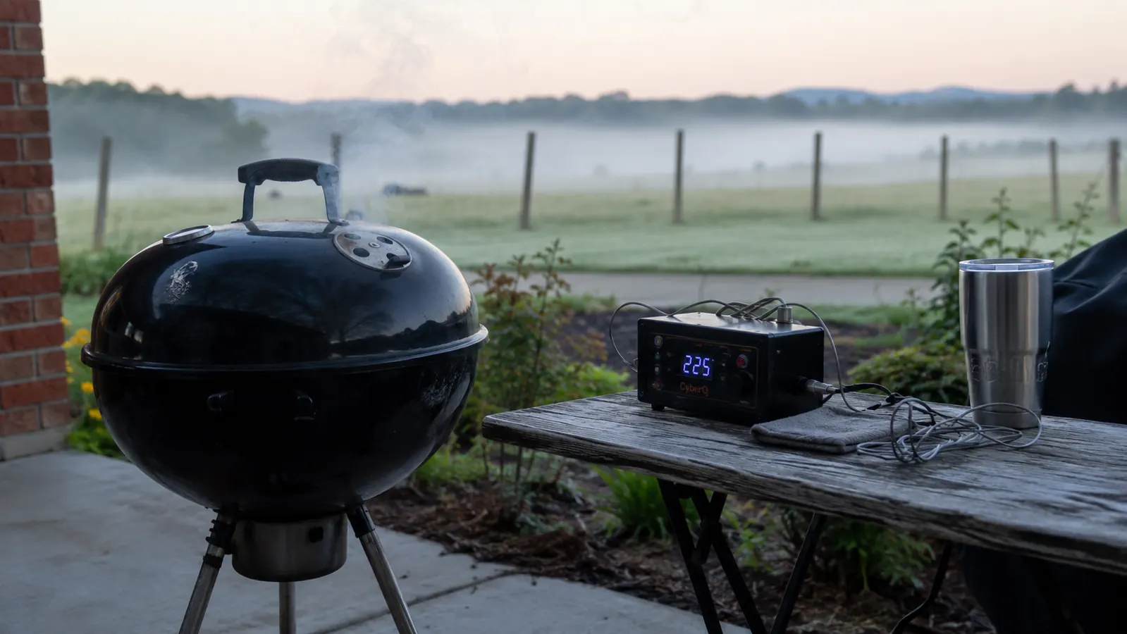 A control unit with a small digital screen sitting on a folding table beside a kettle grill early in the morning with mist over a pasture in the background
