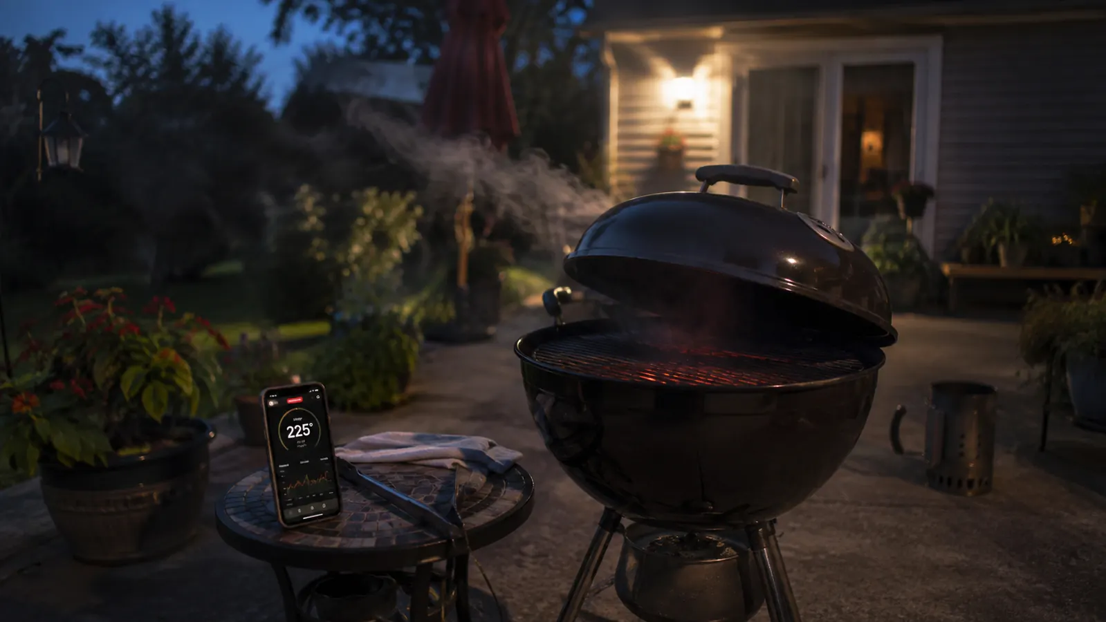 A kettle grill smoking through the night on an Ozark back patio, a phone with a temperature app glowing nearby