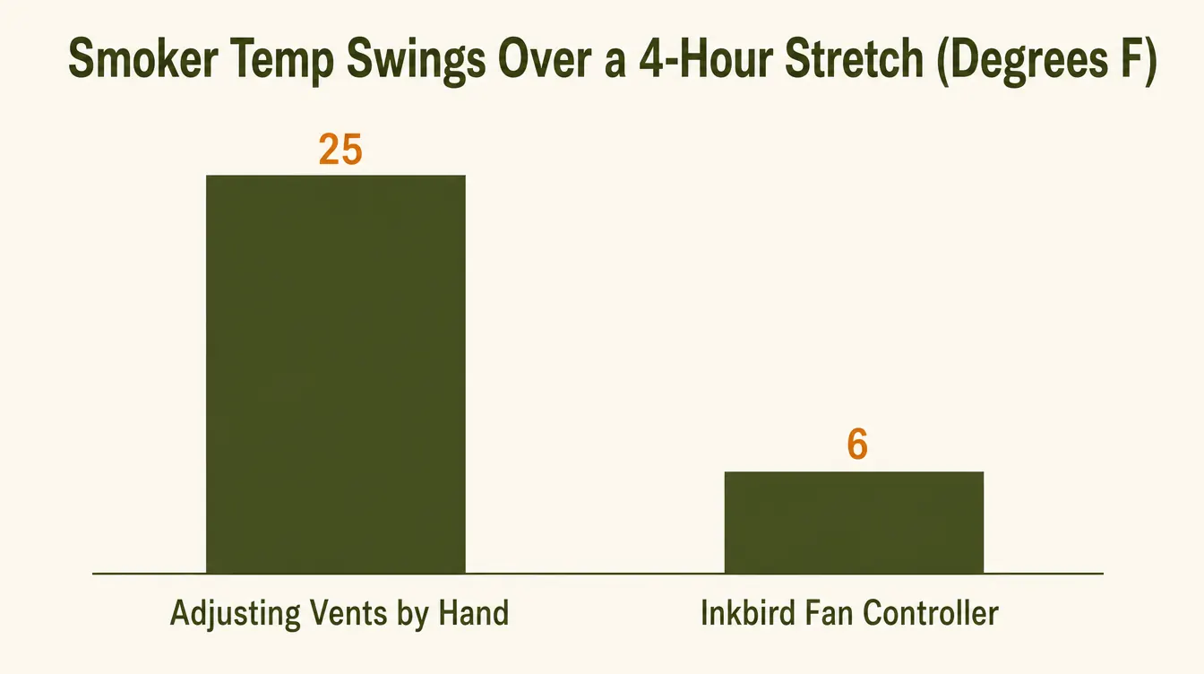 Bar chart comparing smoker temperature swings over a four hour stretch when adjusting vents by hand versus using a fan controller