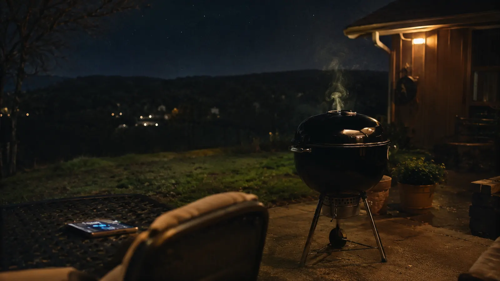 A kettle grill smoking quietly in a dark backyard at night with a porch light glowing and a phone screen visible on a nearby table