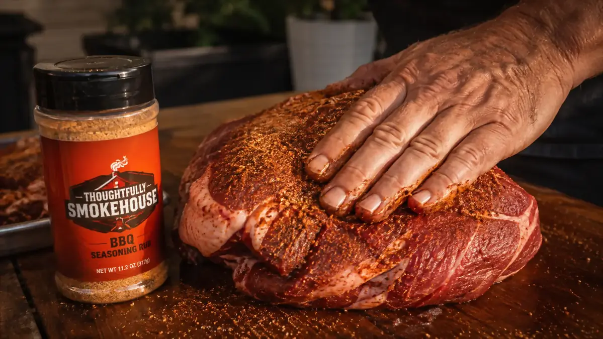 A hand rubbing seasoning into a pork butt on a cutting board late at night