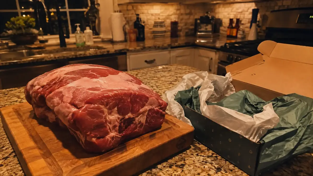 A pork butt resting on a kitchen counter next to an unopened gift box of seasoning jars, evening light through a window