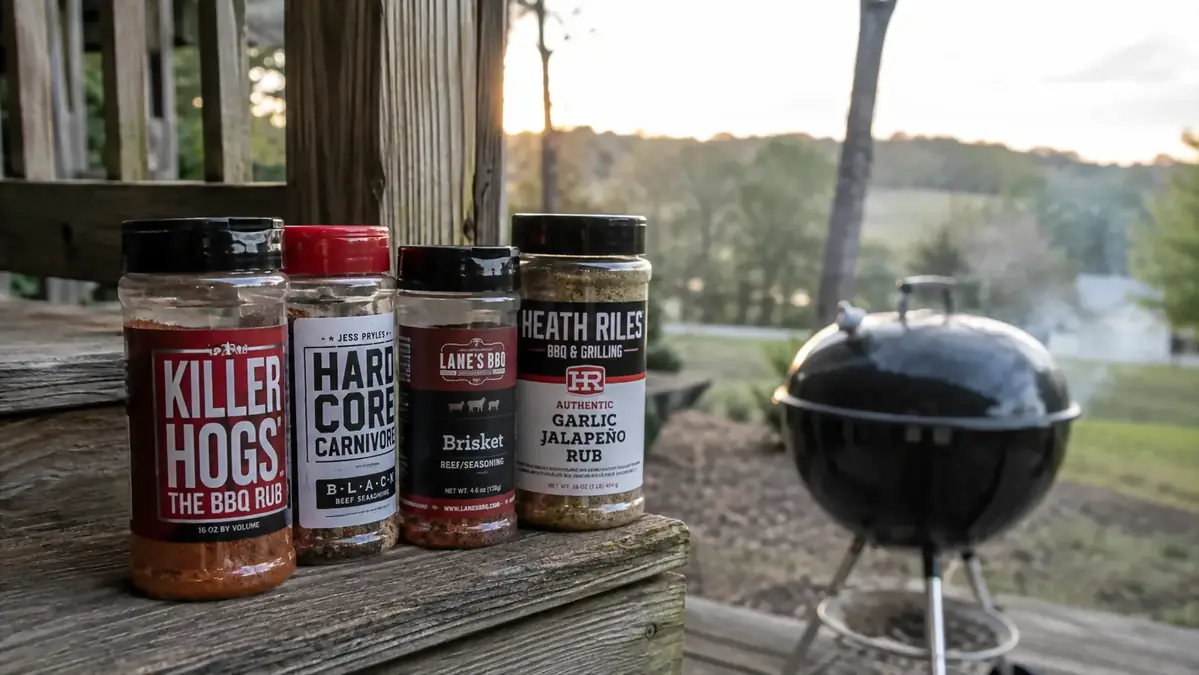 Four seasoning jars from a rub gift set arranged on a porch step with a charcoal kettle grill in the background