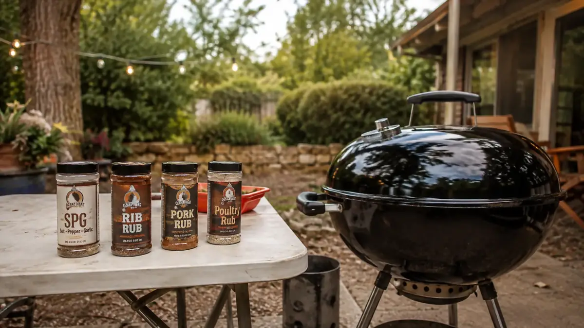 Four seasoning jars lined up on a folding table next to a kettle grill in a backyard cookout setting