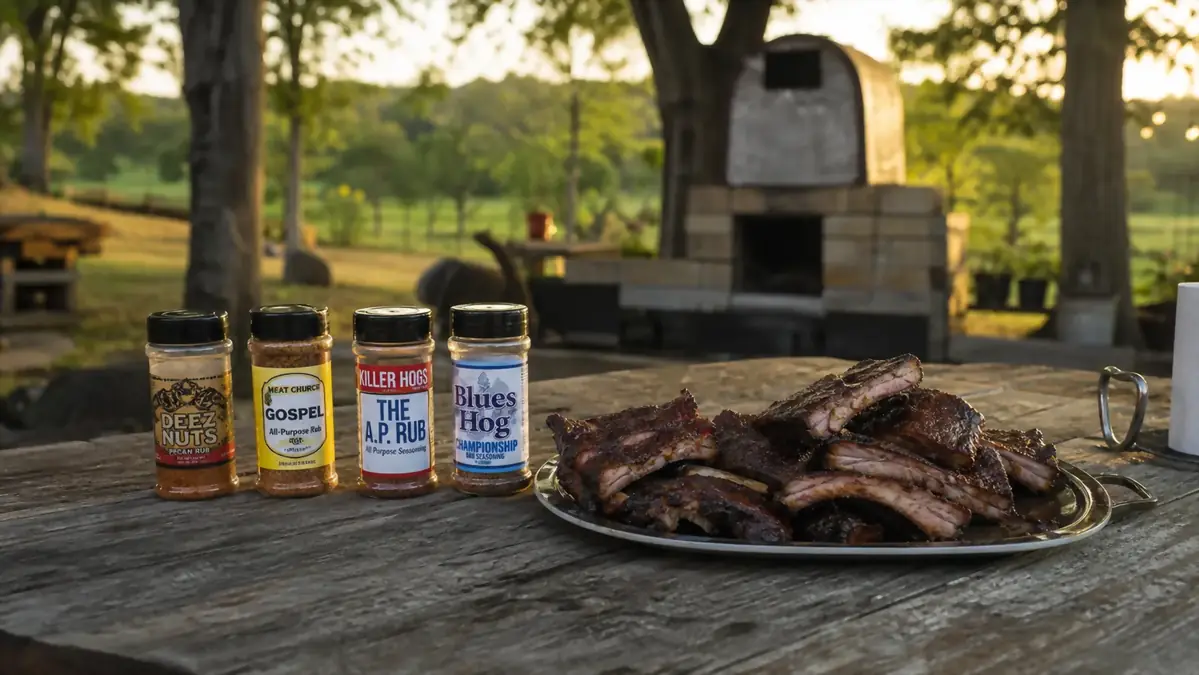Four small BBQ rub jars lined up on a wooden picnic table at a backyard cookout in evening light