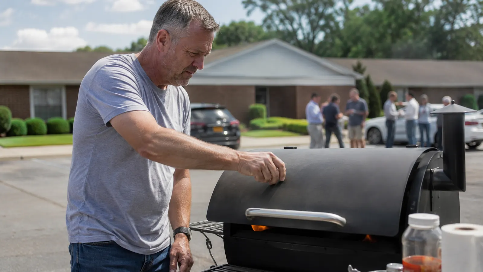 A man closing the lid of a pellet grill quickly, a small curl of flame visible near the base just before the lid shuts