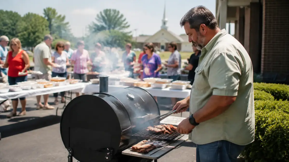 A mid-size pellet grill smoking at a crowded church potluck, folding tables full of dishes in the background under midday sun