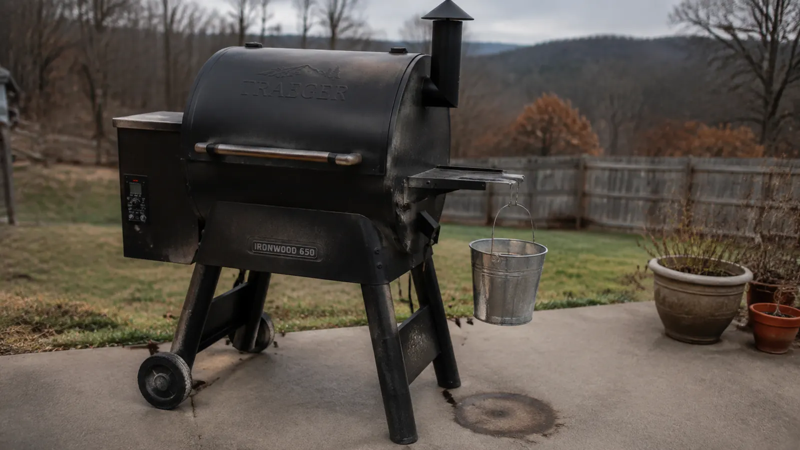 Close view of a small metal bucket clipped to the side of a pellet grill on a concrete patio with a faint grease ring visible on the ground beneath it