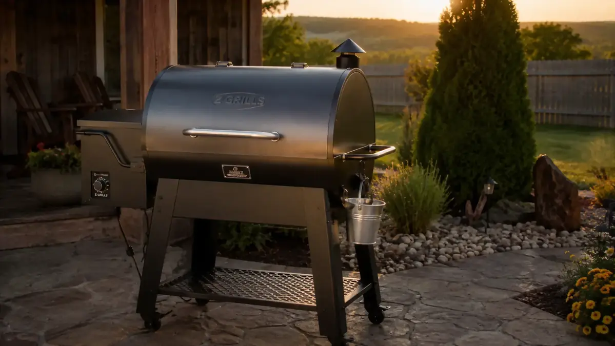 A mid-size pellet grill sitting on a back patio at dusk with a bucket hanging off the side, smoke drifting from the stack